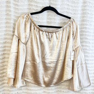 NWT Gold Champagne Metallic Shiny Bell Sleeve Flare Blouse